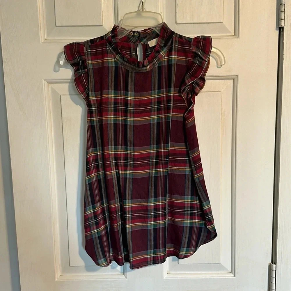 LOFT Plaid Ruffle Sleeve Blouse - Red and Green